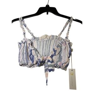 Ocean Drive Womens Striped Tie Front Smocked Crop Top Blue Pink White‎ B10424 M